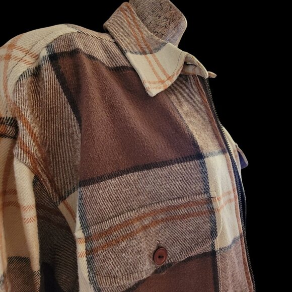 Lauren Ralph Lauren  Plaid Flannel Long Shacket Brown/Beige Front Zipper - Picture 3 of 16